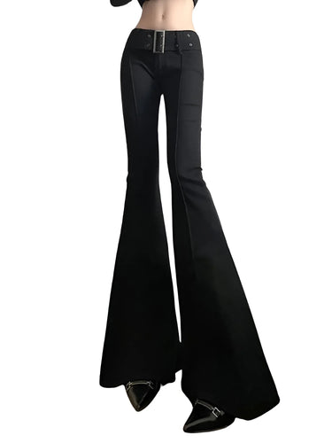 Black bell-bottom pants on a white background